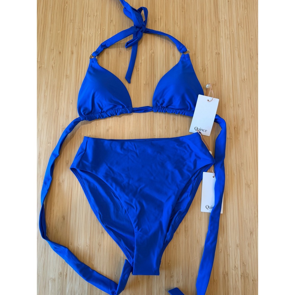 Quince Royal Blue Triangle Bikini Set High Waisted Two Piece Swimsuit NWT Size S